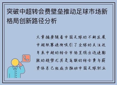 突破中超转会费壁垒推动足球市场新格局创新路径分析 突破中超转会费壁垒推动足球市场新格局创新路径分析