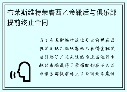 布莱斯维特荣膺西乙金靴后与俱乐部提前终止合同 布莱斯维特荣膺西乙金靴后与俱乐部提前终止合同