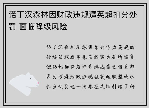 诺丁汉森林因财政违规遭英超扣分处罚 面临降级风险 诺丁汉森林因财政违规遭英超扣分处罚 面临降级风险