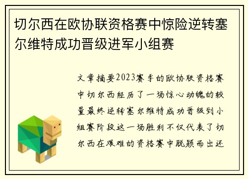 切尔西在欧协联资格赛中惊险逆转塞尔维特成功晋级进军小组赛